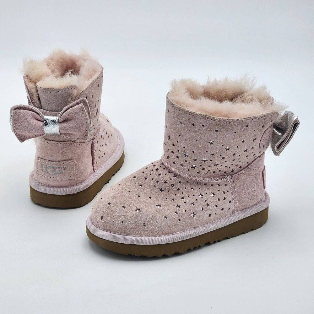 UGG Kids Classic Mini II Star Print Bow Short Boots Pink Silver Toddler's Size 9